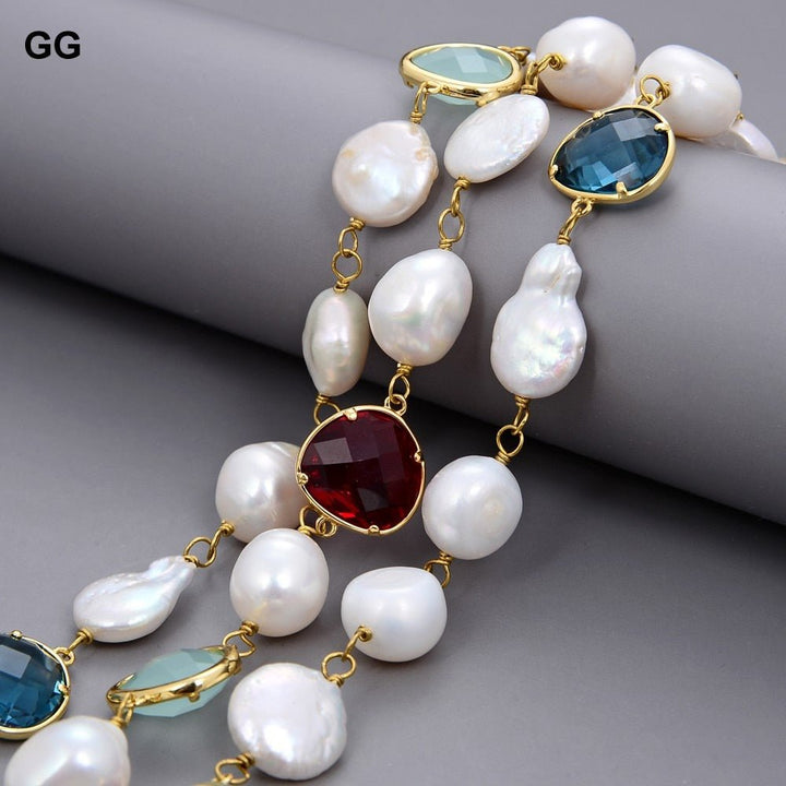 GuaiGuai Jewelry 20&quot; 3 Rows White Baroque Keshi Pearl Coin Pearl Crystal Necklace For Women - LeisFita.com