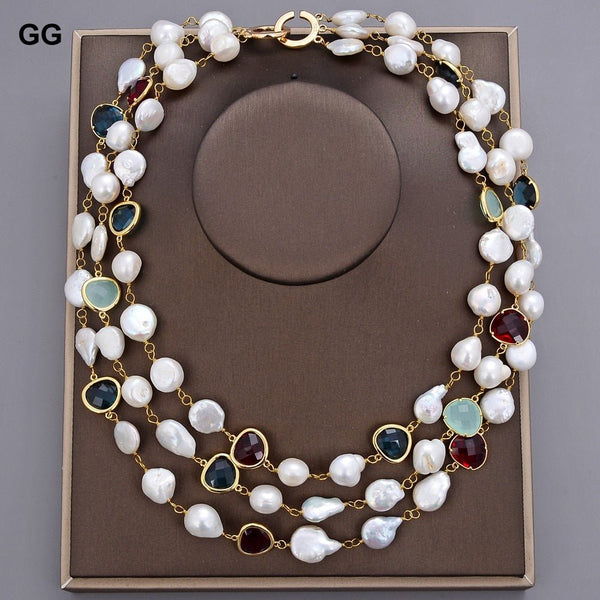 GuaiGuai Jewelry 20&quot; 3 Rows White Baroque Keshi Pearl Coin Pearl Crystal Necklace For Women - LeisFita.com