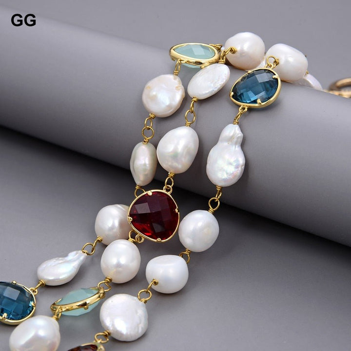 GuaiGuai Jewelry 20&quot; 3 Rows White Baroque Keshi Pearl Coin Pearl Crystal Necklace For Women - LeisFita.com