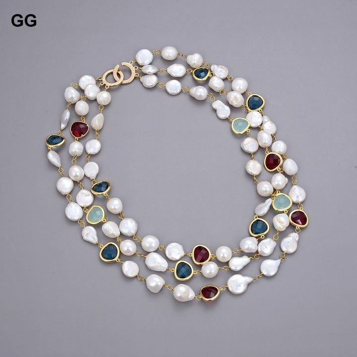 GuaiGuai Jewelry 20&quot; 3 Rows White Baroque Keshi Pearl Coin Pearl Crystal Necklace For Women - LeisFita.com