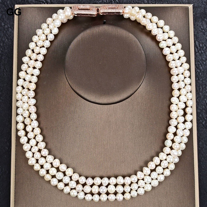 GuaiGuai Jewelry 20&quot; 3 Strands 8mm White Pearl Necklace Cz pave clasp - LeisFita.com
