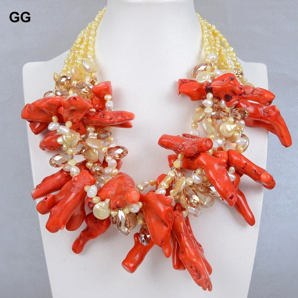 GuaiGuai Jewelry 20&quot; 6 Strands Natural Golen Pearl Orange Coral Crystal Necklace For Women - LeisFita.com