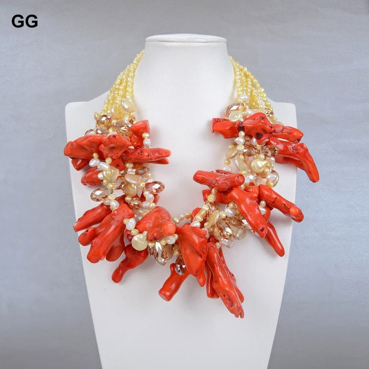 GuaiGuai Jewelry 20&quot; 6 Strands Natural Golen Pearl Orange Coral Crystal Necklace For Women - LeisFita.com