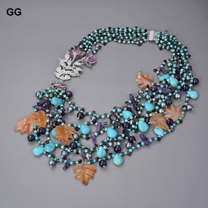 GuaiGuai Jewelry 20&quot; 6 Strands Pearl Garnet Agate Amethyst Gems Stone Necklace CZ Pendant - LeisFita.com