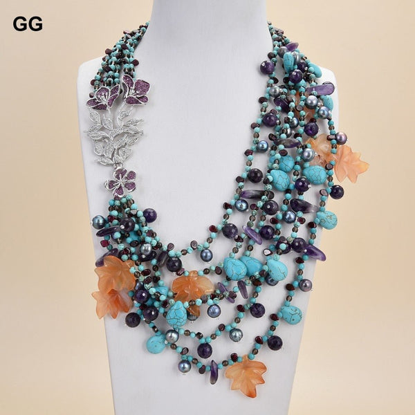 GuaiGuai Jewelry 20&quot; 6 Strands Pearl Garnet Agate Amethyst Gems Stone Necklace CZ Pendant - LeisFita.com