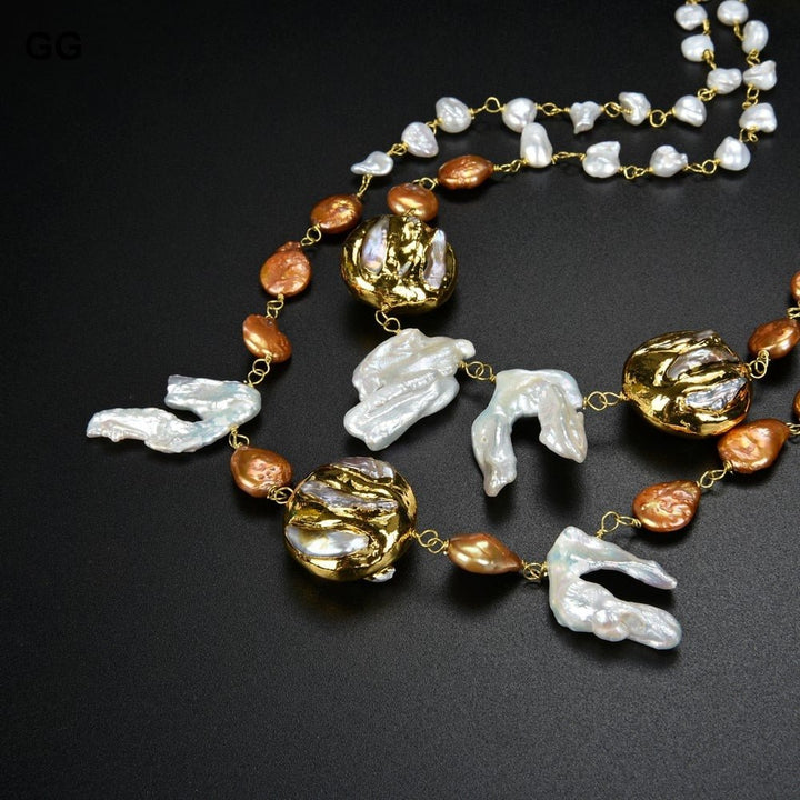 GuaiGuai Jewelry 20&quot; Cultured Keshi Pearl Yellow Golden Plated Pearl Necklace - LeisFita.com