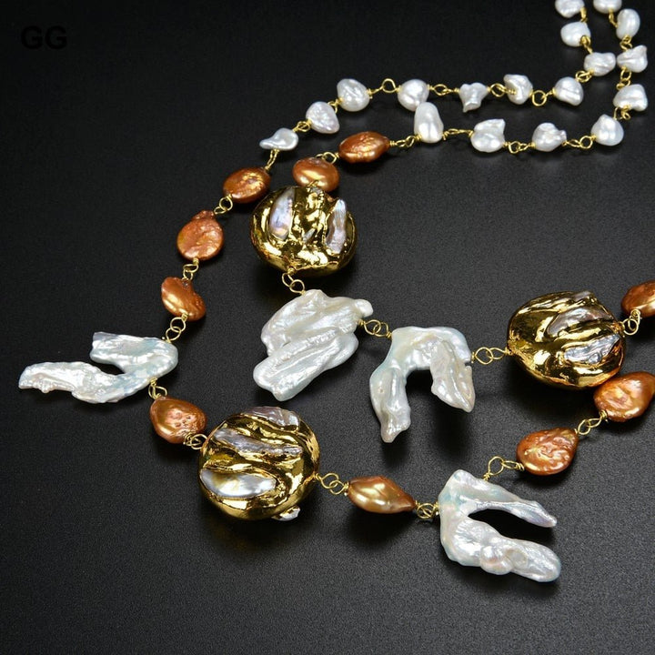 GuaiGuai Jewelry 20&quot; Cultured Keshi Pearl Yellow Golden Plated Pearl Necklace - LeisFita.com