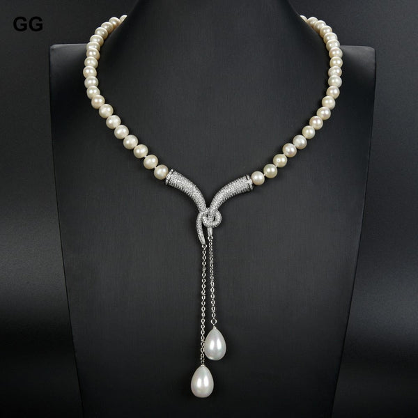 GuaiGuai Jewelry 20&quot; Cultured White Pearl Necklace White Sea Shell Pearl cz pave Pendant - LeisFita.com