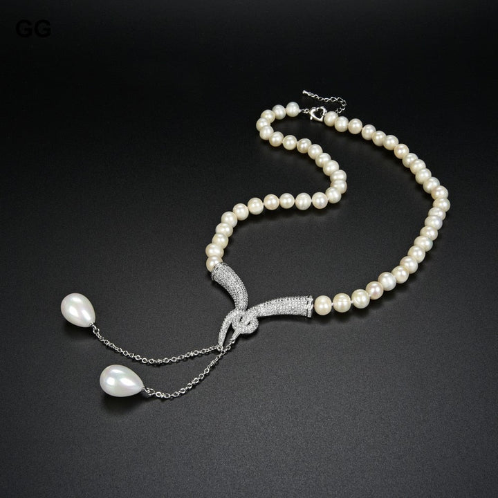 GuaiGuai Jewelry 20&quot; Cultured White Pearl Necklace White Sea Shell Pearl cz pave Pendant - LeisFita.com