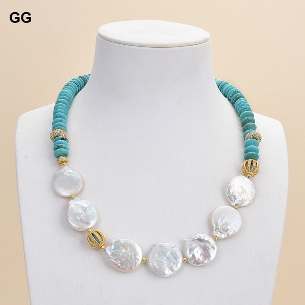 GuaiGuai Jewelry 20&quot; Freshwater White Keshi Pearl Blue Turquoises Gems Stone Necklace Women Jewelry - LeisFita.com