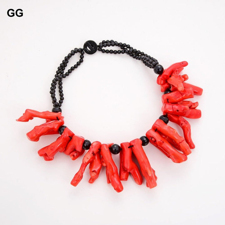 GuaiGuai Jewelry 20&quot; Huge 38-45mm Orange Coral Black Onyx Necklace For Women - LeisFita.com