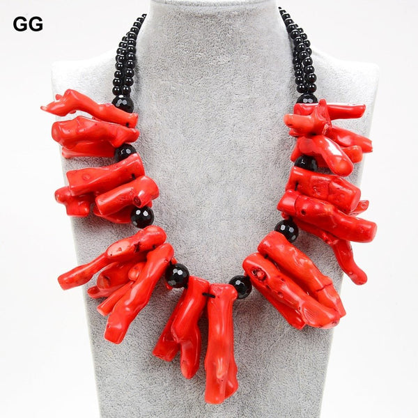 GuaiGuai Jewelry 20&quot; Huge 38-45mm Orange Coral Black Onyx Necklace For Women - LeisFita.com