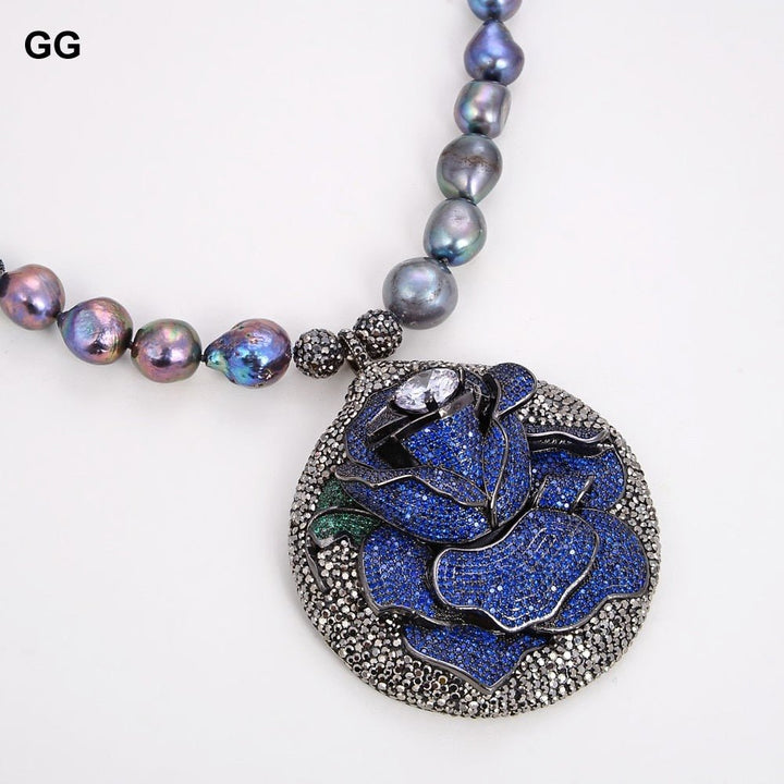 GuaiGuai Jewelry 20&quot; Natural Black Baroque Pearl Green CZ Beads Necklace Blue Black CZ Pave Flower Pendant For Women - LeisFita.com