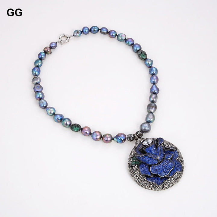 GuaiGuai Jewelry 20&quot; Natural Black Baroque Pearl Green CZ Beads Necklace Blue Black CZ Pave Flower Pendant For Women - LeisFita.com