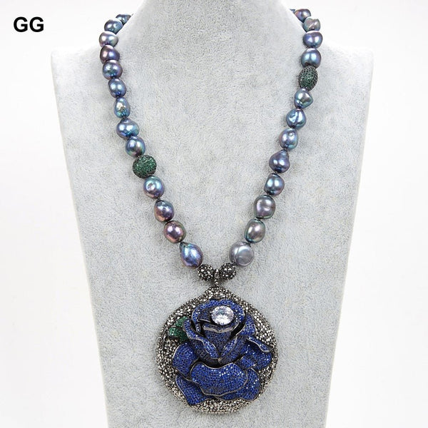 GuaiGuai Jewelry 20&quot; Natural Black Baroque Pearl Green CZ Beads Necklace Blue Black CZ Pave Flower Pendant For Women - LeisFita.com