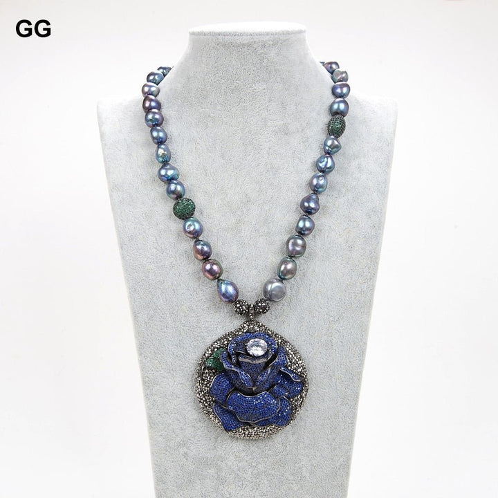 GuaiGuai Jewelry 20&quot; Natural Black Baroque Pearl Green CZ Beads Necklace Blue Black CZ Pave Flower Pendant For Women - LeisFita.com