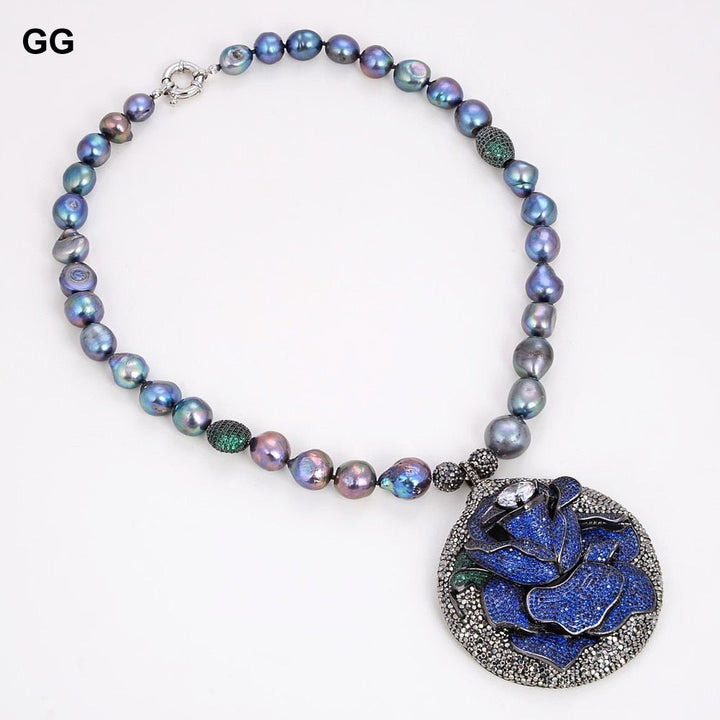 GuaiGuai Jewelry 20&quot; Natural Black Baroque Pearl Green CZ Beads Necklace Blue Black CZ Pave Flower Pendant For Women - LeisFita.com