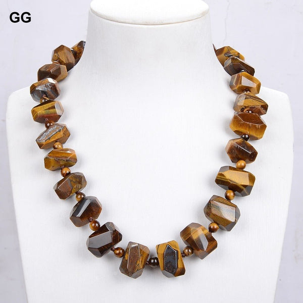 GuaiGuai Jewelry 20&quot; Natural Faceted Yellow Tiger Eye Nugget Gems Stone Necklace For Women - LeisFita.com