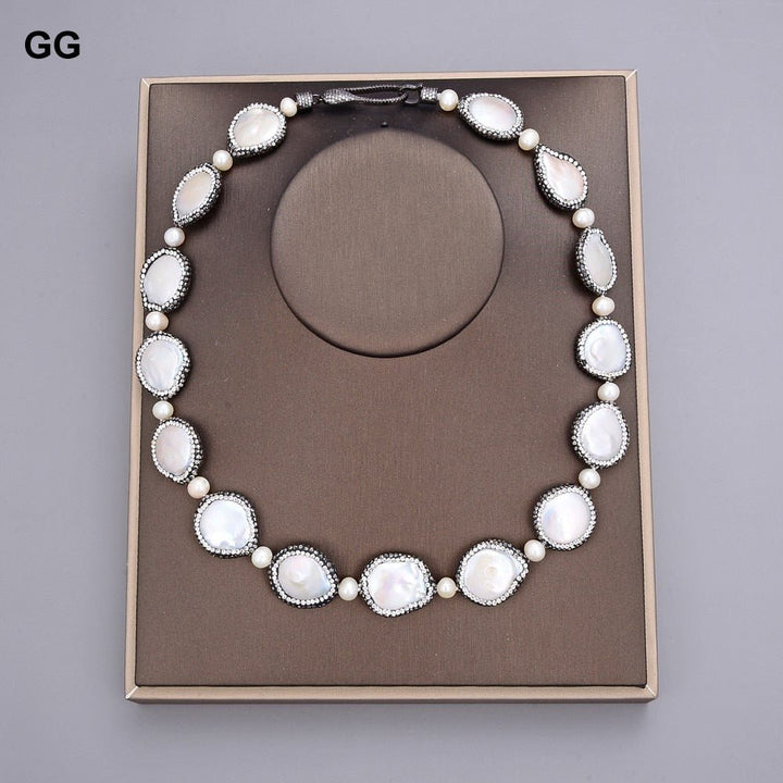 GuaiGuai Jewelry 20&quot; Natural White Coin Freshwater Pearl Black Macarsite Pave Necklace Handmade For Women - LeisFita.com