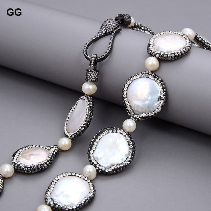 GuaiGuai Jewelry 20&quot; Natural White Coin Freshwater Pearl Black Macarsite Pave Necklace Handmade For Women - LeisFita.com