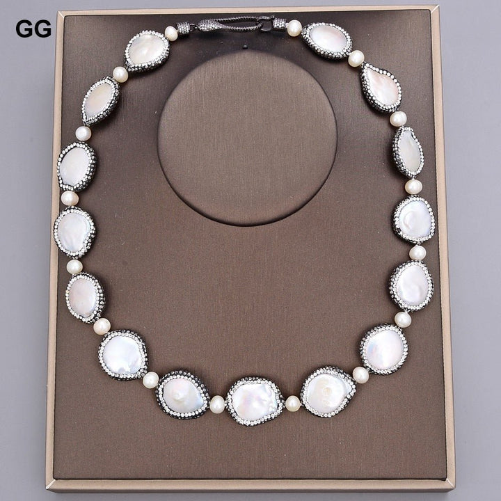 GuaiGuai Jewelry 20&quot; Natural White Coin Freshwater Pearl Black Macarsite Pave Necklace Handmade For Women - LeisFita.com