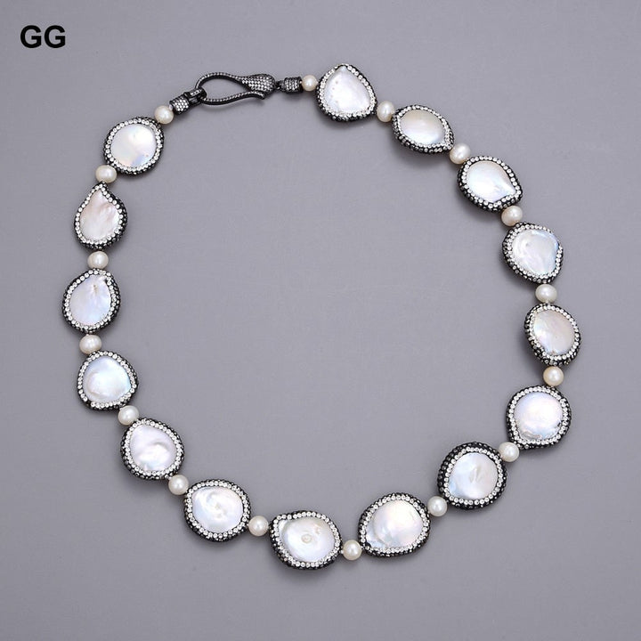GuaiGuai Jewelry 20&quot; Natural White Coin Freshwater Pearl Black Macarsite Pave Necklace Handmade For Women - LeisFita.com