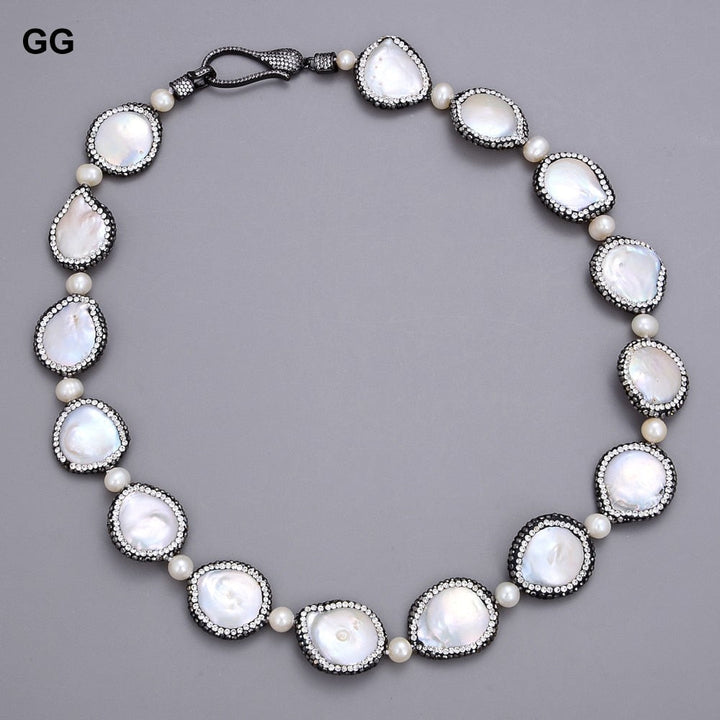 GuaiGuai Jewelry 20&quot; Natural White Coin Freshwater Pearl Black Macarsite Pave Necklace Handmade For Women - LeisFita.com