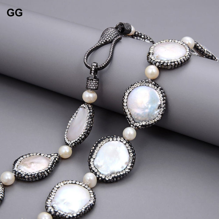 GuaiGuai Jewelry 20&quot; Natural White Coin Freshwater Pearl Black Macarsite Pave Necklace Handmade For Women - LeisFita.com