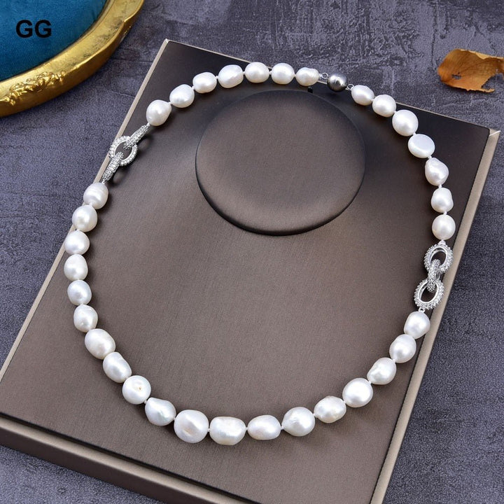 GuaiGuai Jewelry 21&#39;&#39; 13MM Natural White Baroque Keshi Pearl White Gold Color Plated CZ Pave Connetor Necklace For Women - LeisFita.com