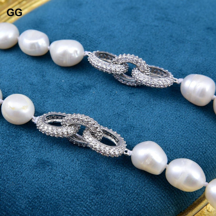 GuaiGuai Jewelry 21&#39;&#39; 13MM Natural White Baroque Keshi Pearl White Gold Color Plated CZ Pave Connetor Necklace For Women - LeisFita.com