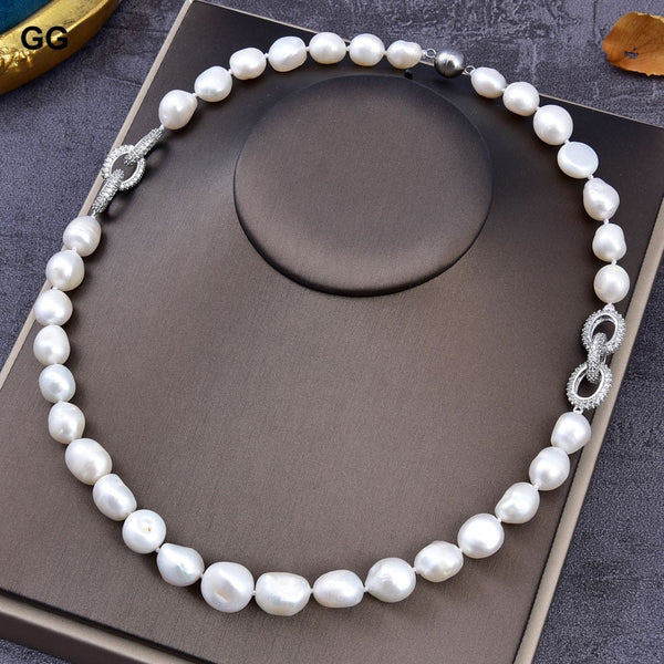 GuaiGuai Jewelry 21&#39;&#39; 13MM Natural White Baroque Keshi Pearl White Gold Color Plated CZ Pave Connetor Necklace For Women - LeisFita.com