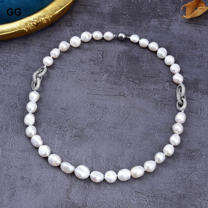 GuaiGuai Jewelry 21&#39;&#39; 13MM Natural White Baroque Keshi Pearl White Gold Color Plated CZ Pave Connetor Necklace For Women - LeisFita.com