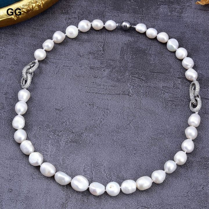 GuaiGuai Jewelry 21&#39;&#39; 13MM Natural White Baroque Keshi Pearl White Gold Color Plated CZ Pave Connetor Necklace For Women - LeisFita.com