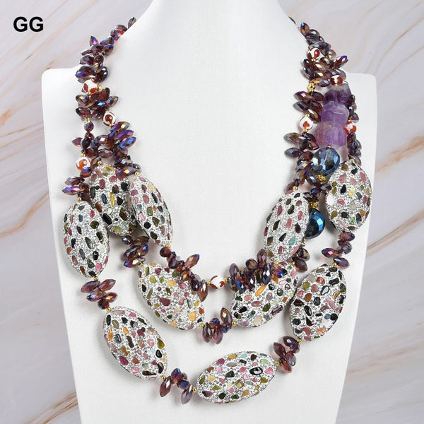 GuaiGuai Jewelry 21&#39;&#39; 3 Strands Amethyst Agate Crystal Necklace Pave Tourmaline Beads Necklace - LeisFita.com