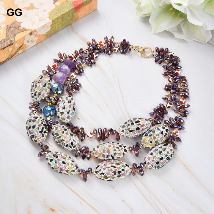 GuaiGuai Jewelry 21&#39;&#39; 3 Strands Amethyst Agate Crystal Necklace Pave Tourmaline Beads Necklace - LeisFita.com