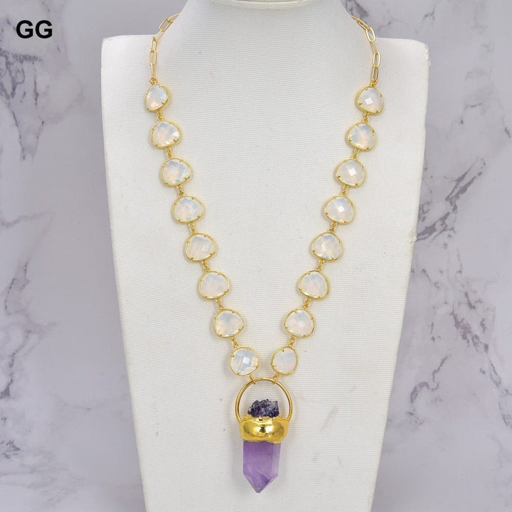 GuaiGuai Jewelry 21&#39;&#39; White Crystal Bezel Chain Necklace Amethyst Point Raw Pendant - LeisFita.com