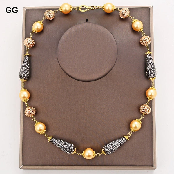 GuaiGuai Jewelry 21&quot; 16mm Yellow Sea Shell Pearl Necklace CZ Pave Connector - LeisFita.com