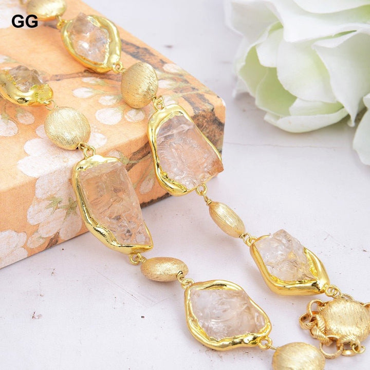 GuaiGuai Jewelry 21&quot; 2 Strands Natural Citrines Rough Brushed Beads Gold Color Plated Necklace - LeisFita.com