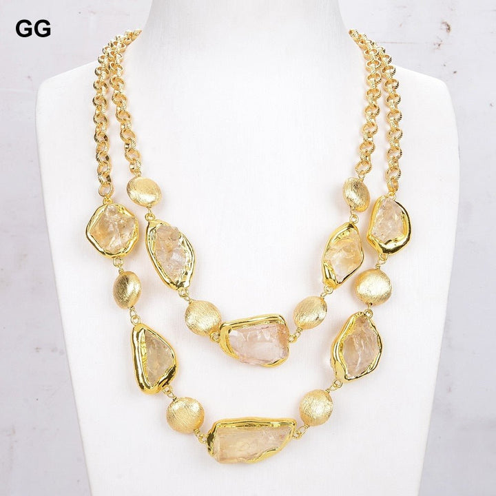 GuaiGuai Jewelry 21&quot; 2 Strands Natural Citrines Rough Brushed Beads Gold Color Plated Necklace - LeisFita.com