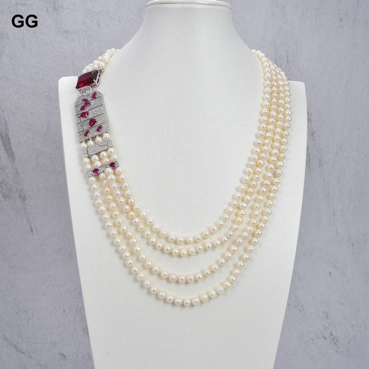 GuaiGuai Jewelry 23&#39;&#39; 4 Rows Freshwater Cultured White Pearl Red Crystal Cz Pave Big Pendant Necklace Classic For Women - LeisFita.com