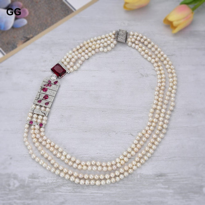 GuaiGuai Jewelry 23&#39;&#39; 4 Rows Freshwater Cultured White Pearl Red Crystal Cz Pave Big Pendant Necklace Classic For Women - LeisFita.com
