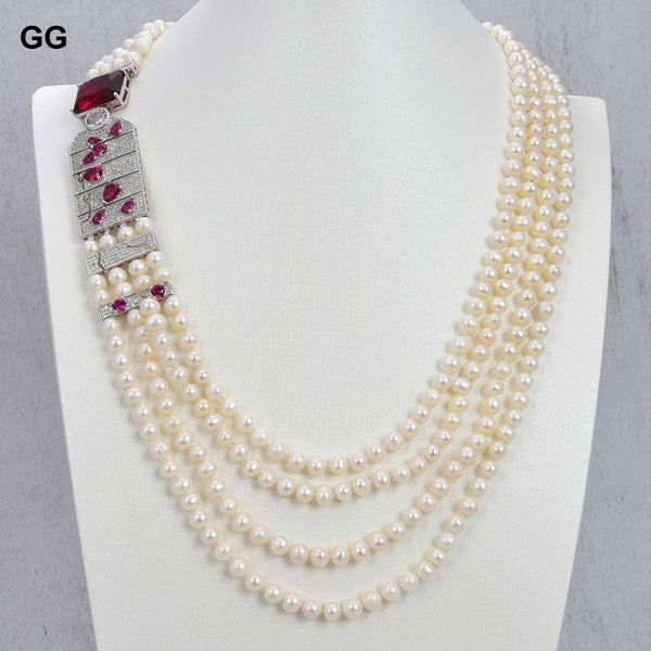 GuaiGuai Jewelry 23&#39;&#39; 4 Rows Freshwater Cultured White Pearl Red Crystal Cz Pave Big Pendant Necklace Classic For Women - LeisFita.com